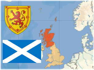 Scottish flag and coat of arms layered on a map